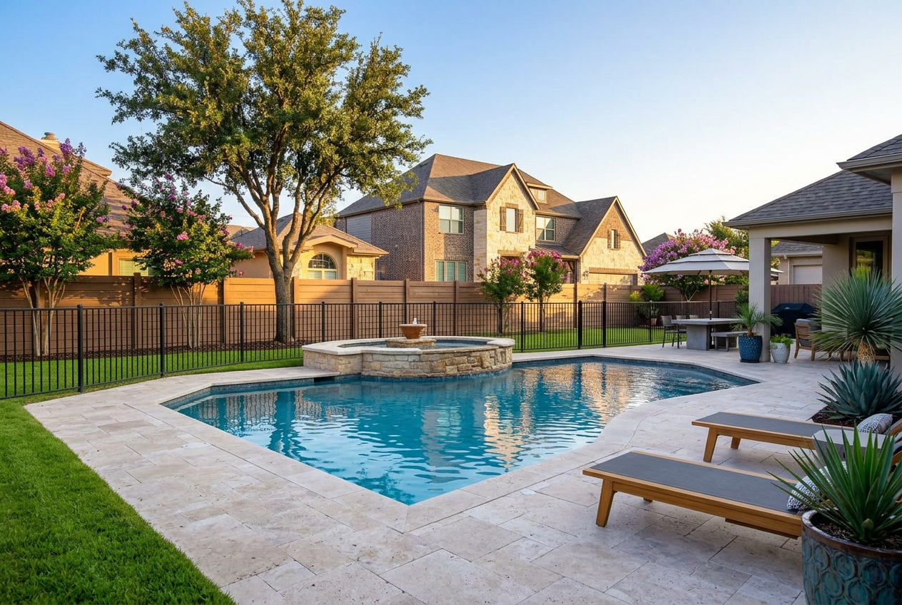 Clean residential backyard pool in a Collin County, Texas neighborhood